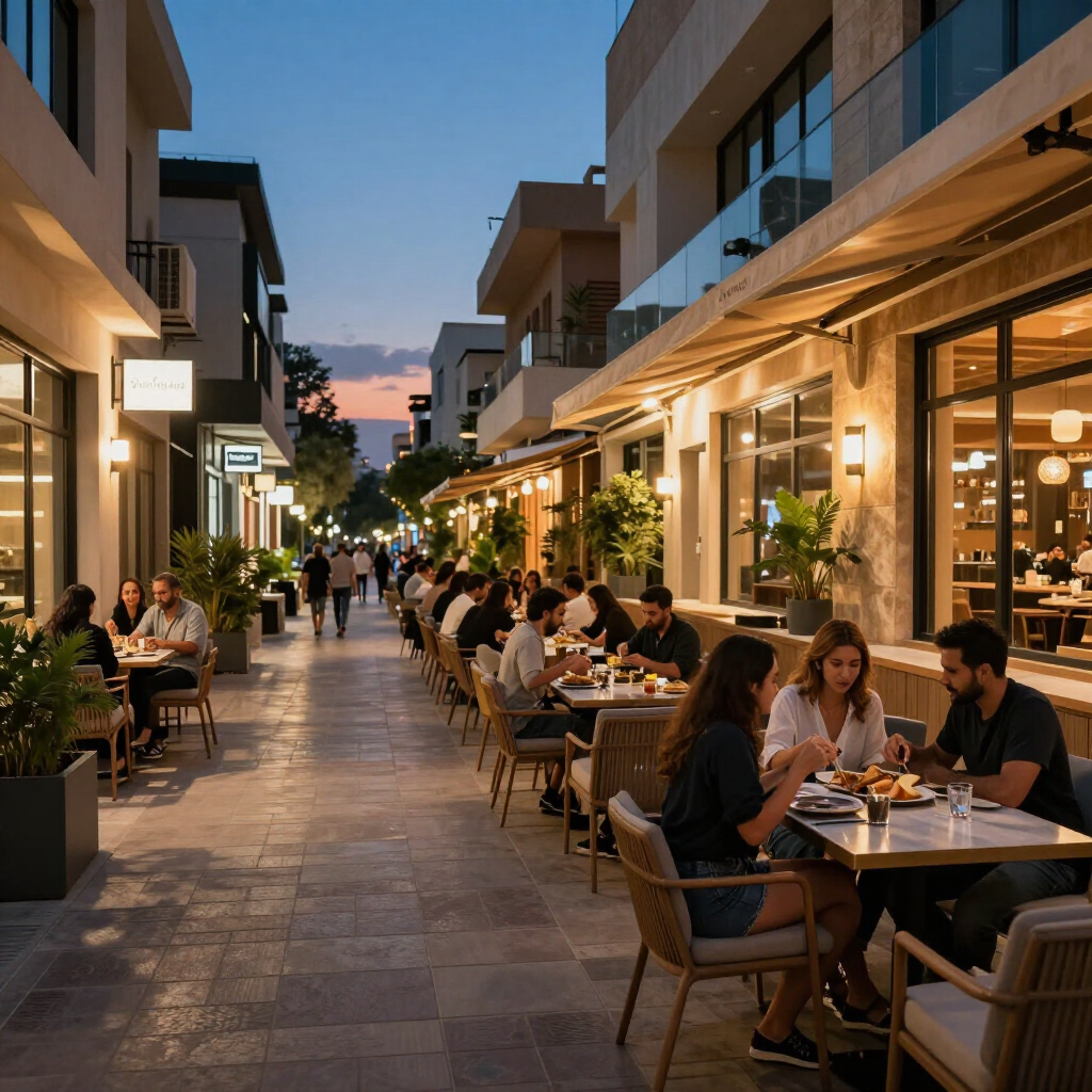 Outdoor restaurant seating on a pedestrian street at dusk, with diners under warm lights between modern buildings