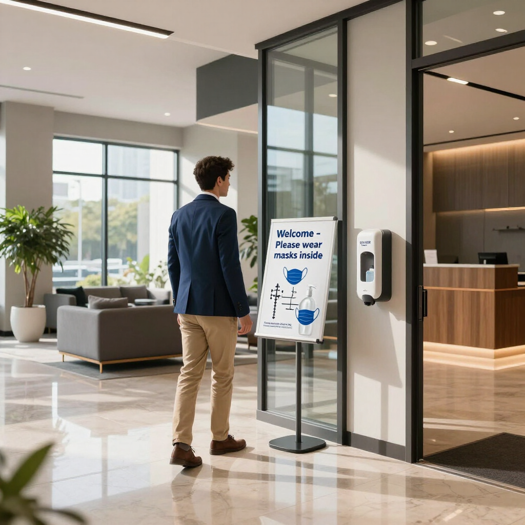 Man entering a modern office lobby past a welcome sign and wall-mounted sanitizer dispenser