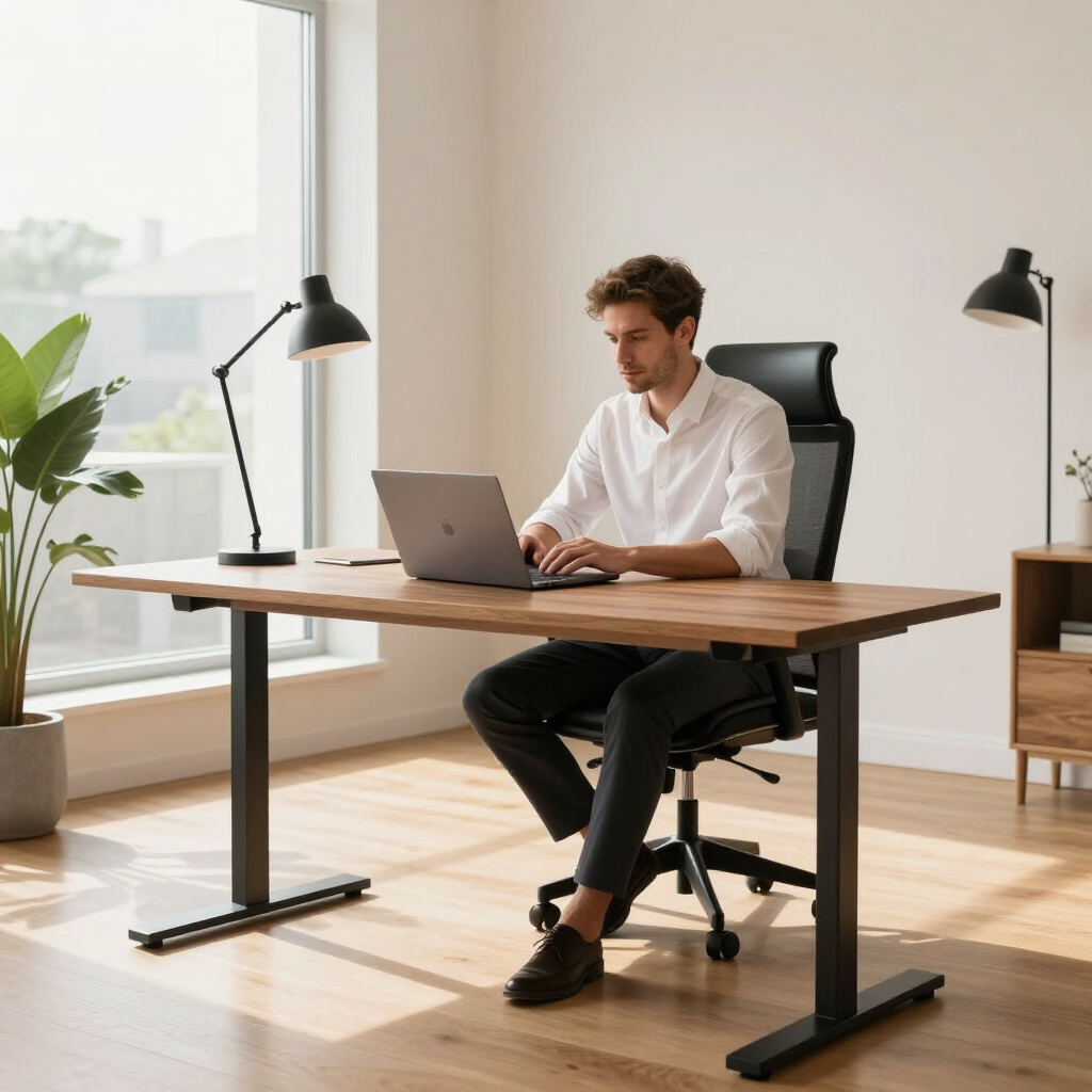 Person working on a laptop at a modern wooden desk in a bright home office