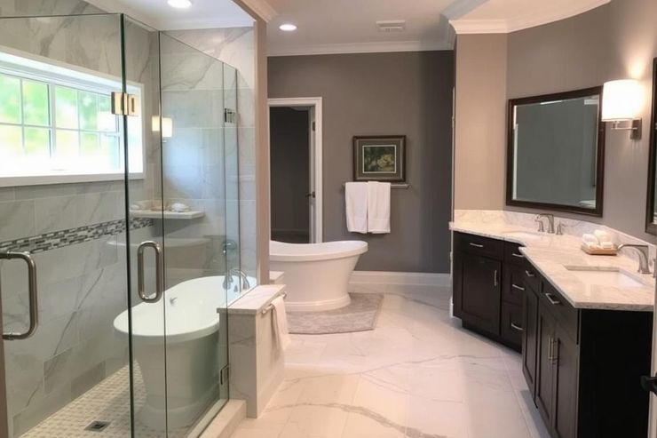Modern bathroom with glass shower, freestanding tub, dark vanity, and large mirror