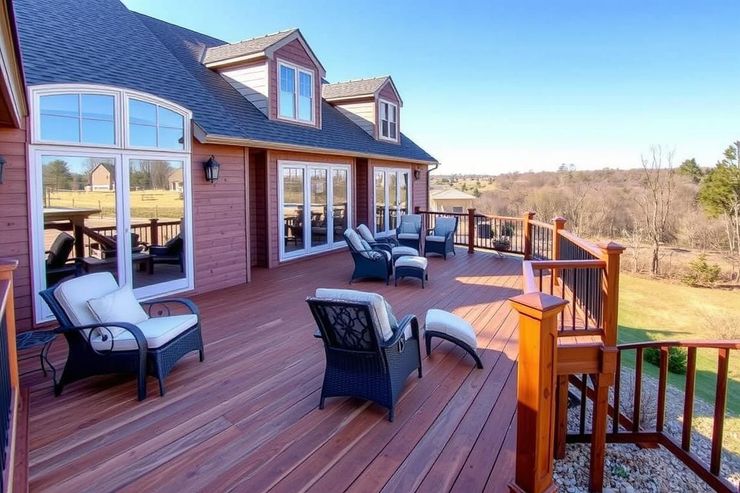 Wooden deck with wicker chairs and a mountain-view cabin, bathed in warm sunlight.