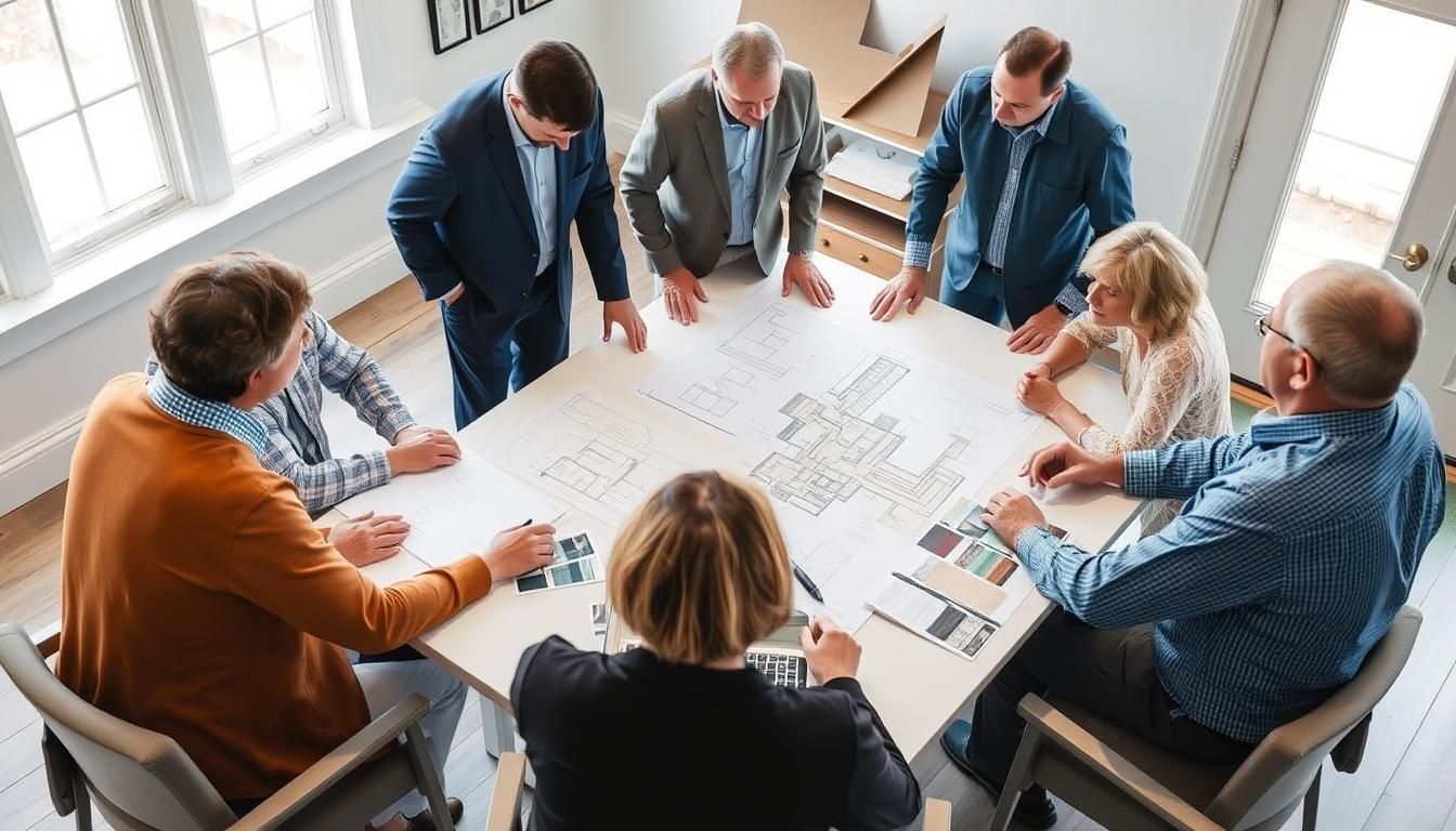 Group of people gathered around a table, collaborating over sketches and papers in a bright office meeting room.