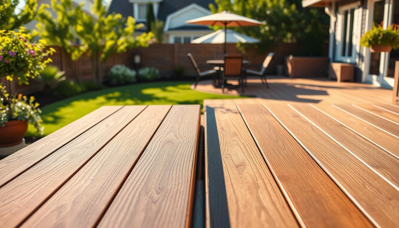 Wooden deck with patio table, umbrella, and chairs in a sunny backyard garden.