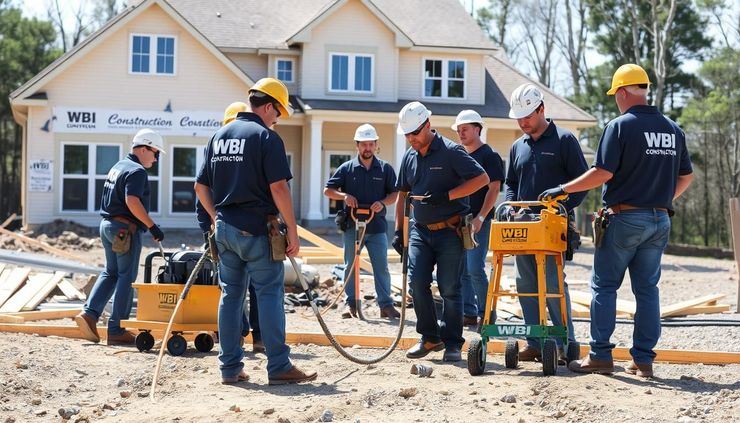 Workers in hard hats operate construction equipment at a house foundation site.