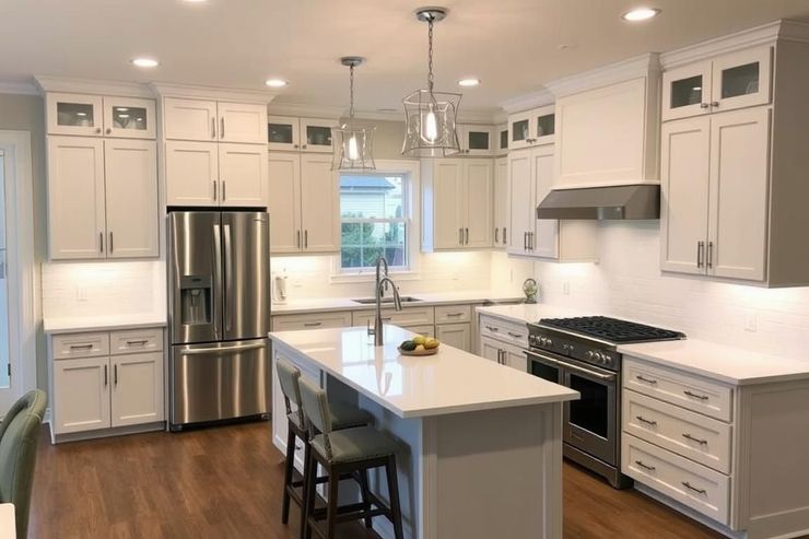 Bright modern kitchen with white cabinets, stainless steel appliances, island, and two stools