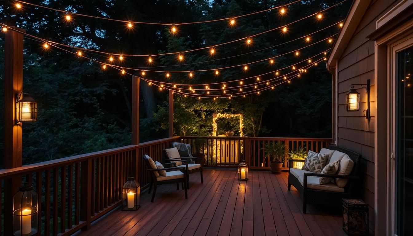 Warm wooden deck with string lights, chairs, and cozy seating overlooking dark trees at dusk
