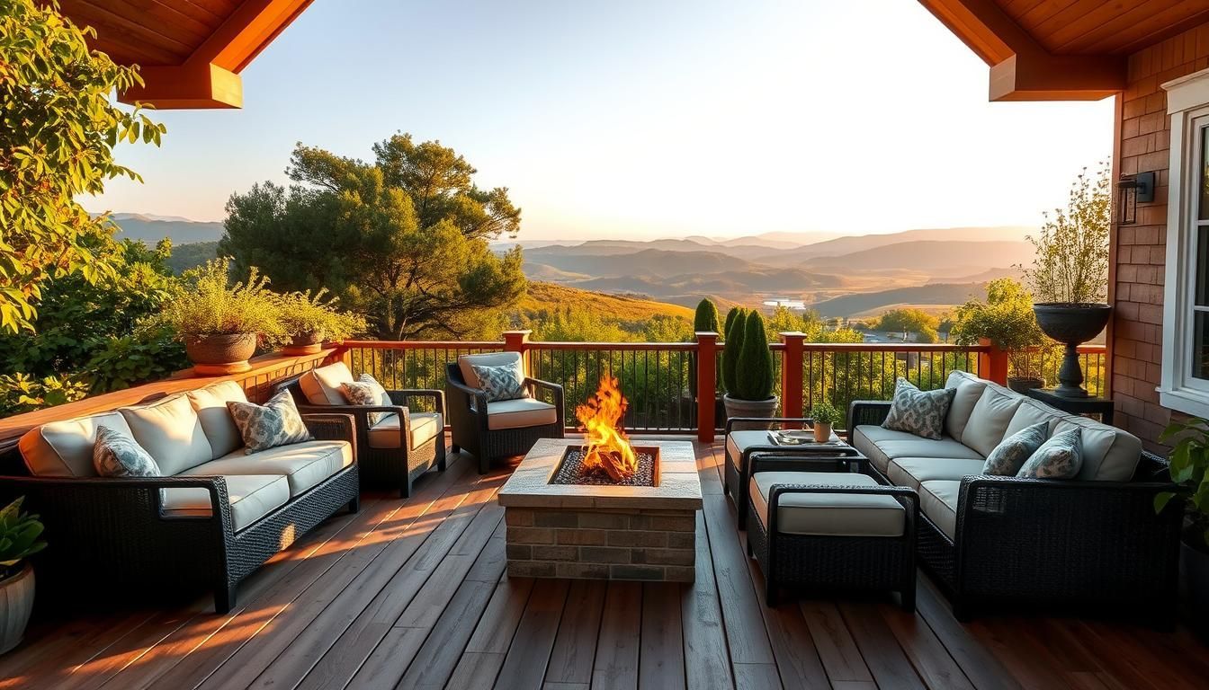 Cozy rooftop patio with sofas, fire pit, and mountain sunset view