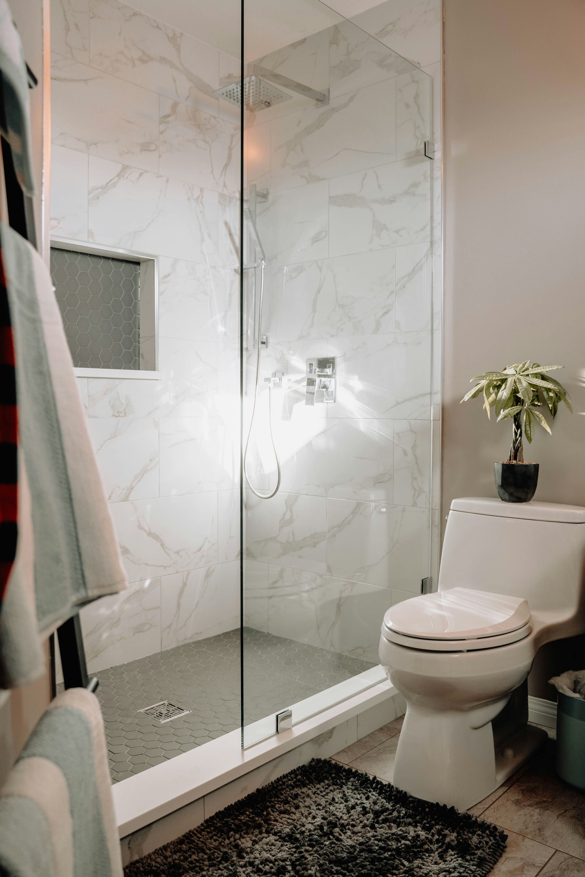 Modern bathroom with glass shower, white marble walls, toilet, towel, and a small plant.
