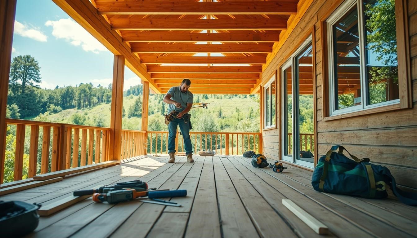 Person standing on a wooden porch under construction, with tools and lumber laid out, overlooking a wooded view