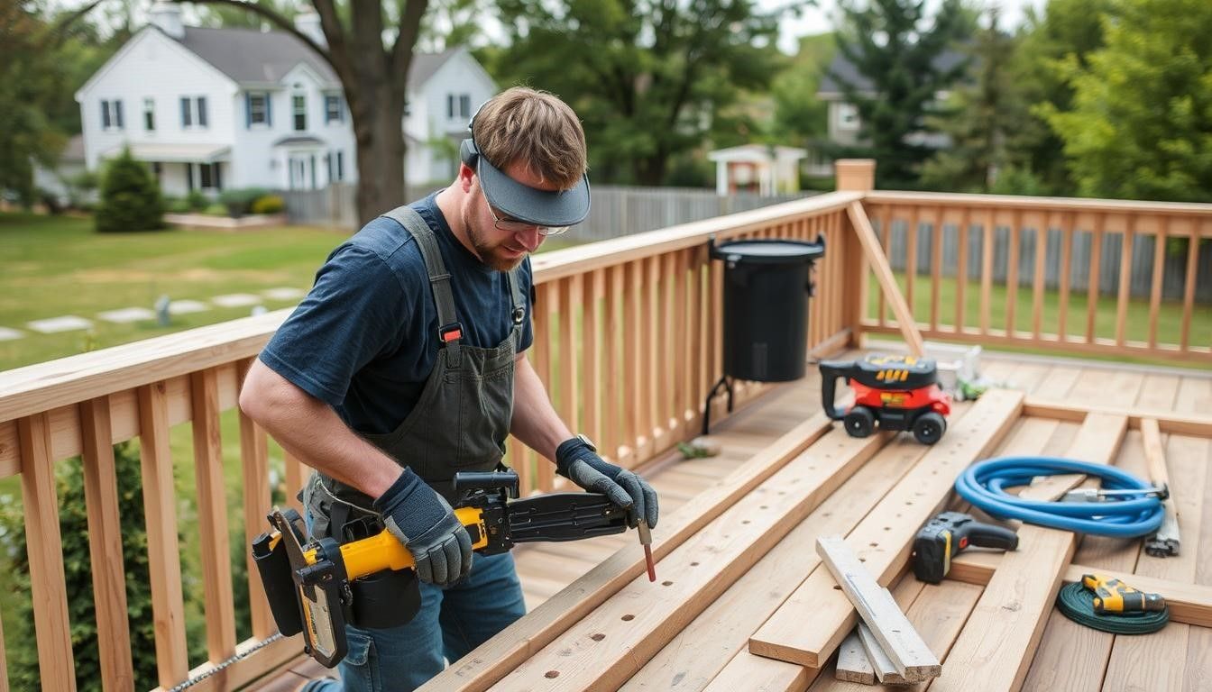 Carpenter wearing safety glasses measures lumber on a wooden deck under construction