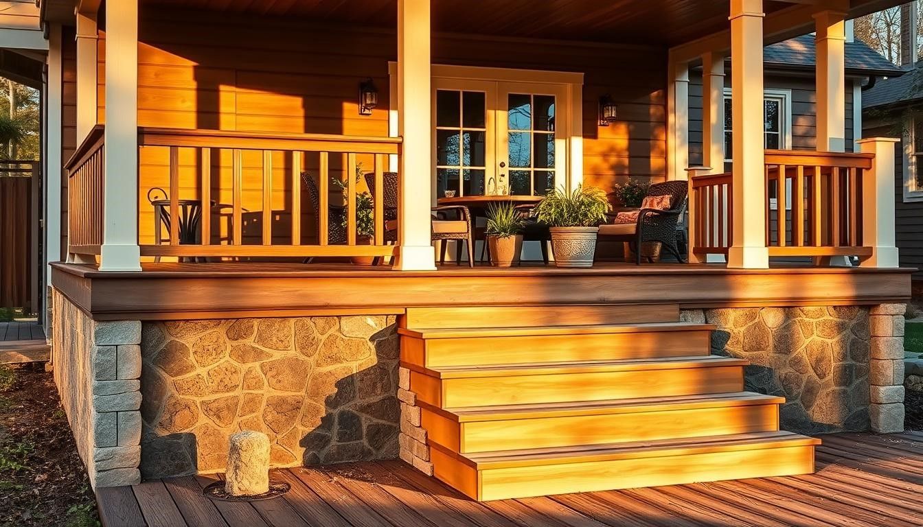 Sunlit porch with stone steps, wooden railing, and potted plants at a rustic house entrance