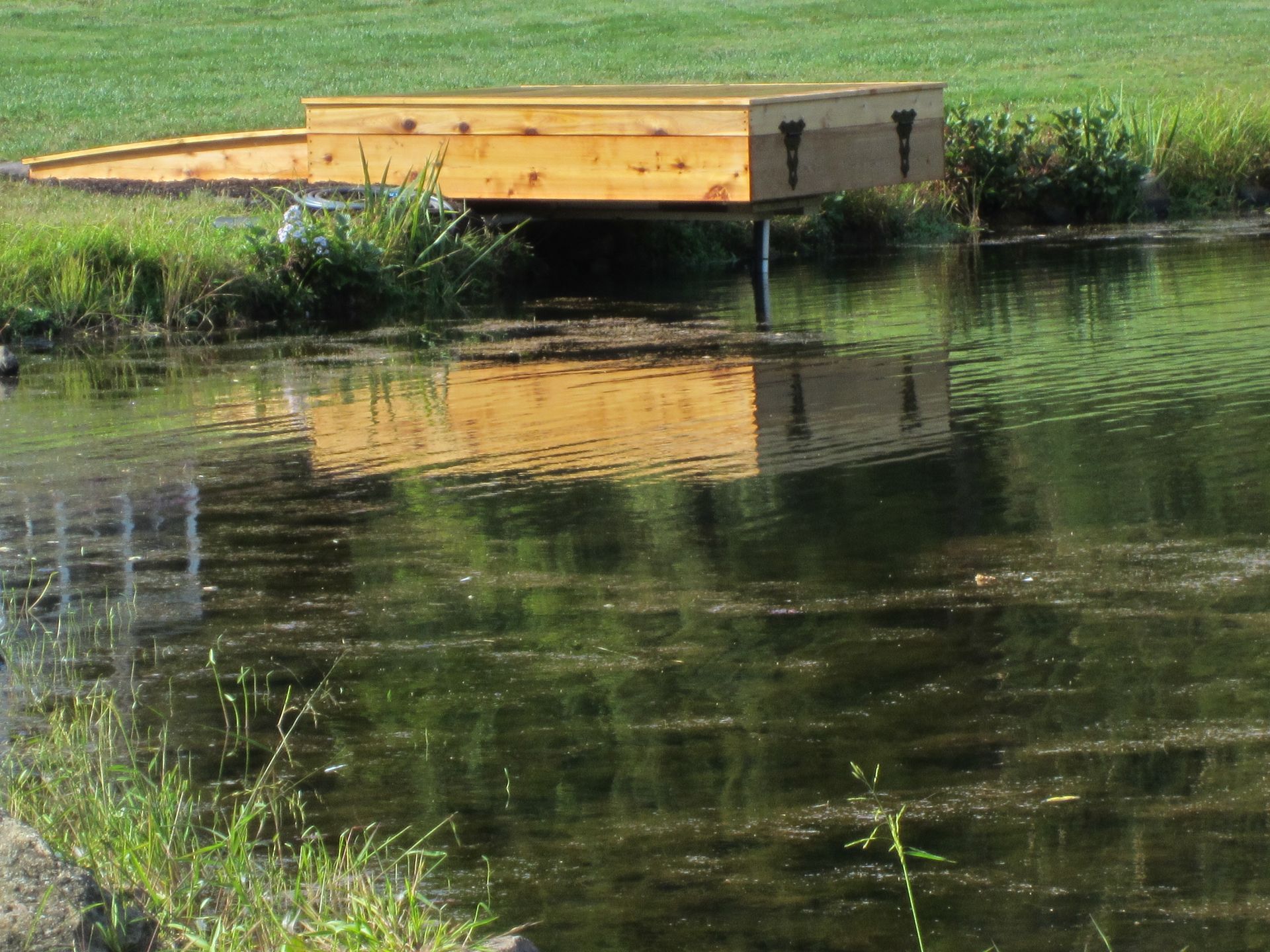 A small wooden flatboat with a pointed prow floating on calm, reflective water near reeds and a grassy bank.