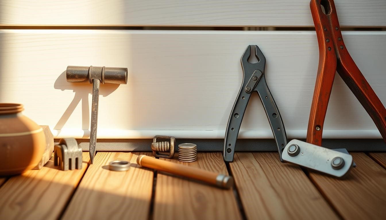Hand tools on a wooden floor against a white wall, including pliers, a hammer, and a clamp.