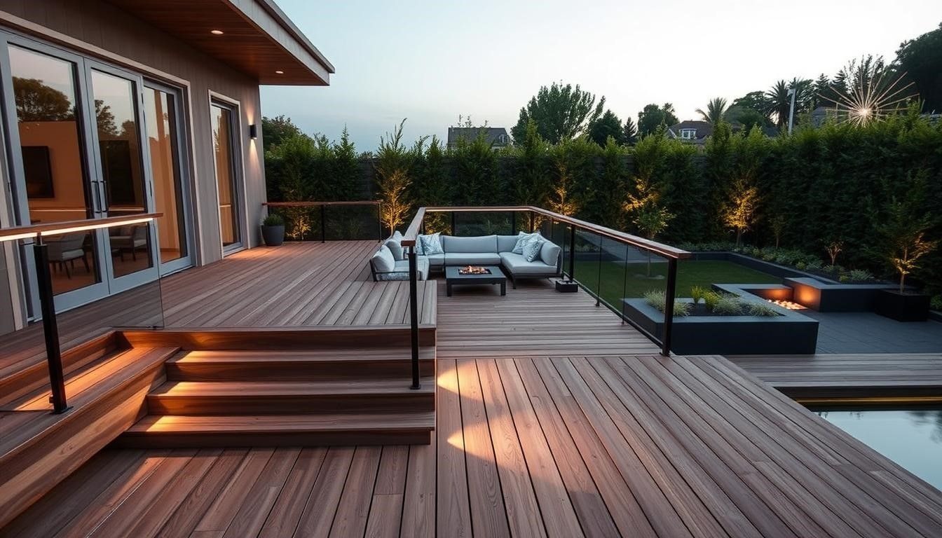 Modern wooden deck patio with steps, glass railing, and lounge chairs at sunset