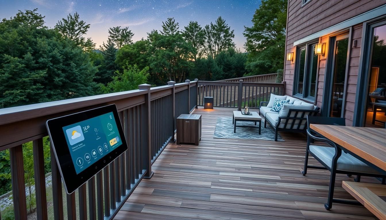 Wooden deck with railing, outdoor seating, and a mounted TV overlooking trees at dusk