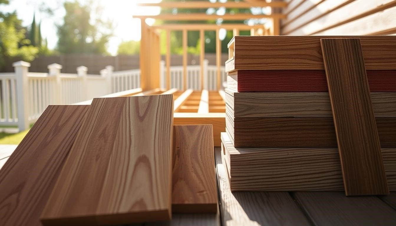 Stacked lumber on a sunlit wooden deck with a white fence in the background