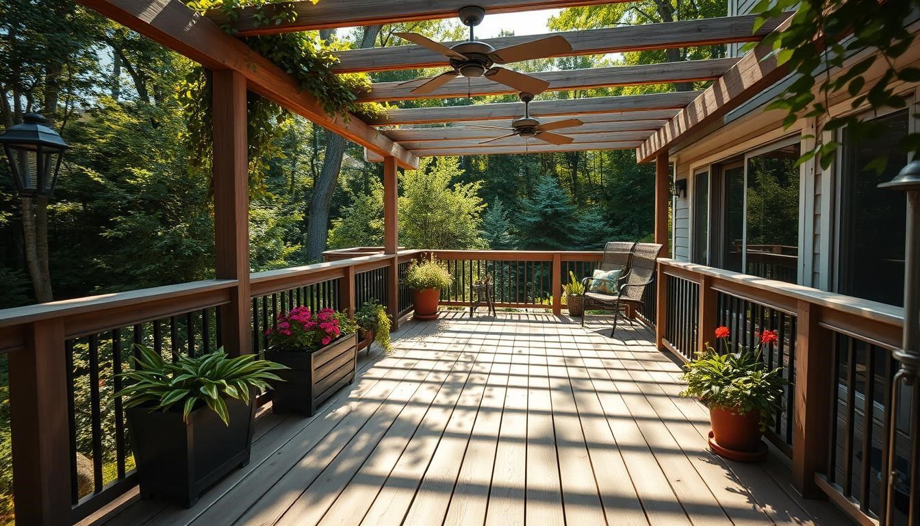 Sunlit wooden deck with pergola, potted flowers, and forest view beyond the railing