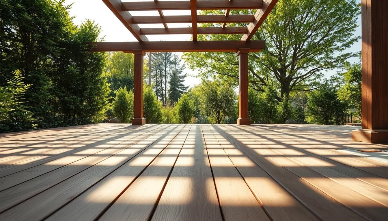 Sunlit wooden deck with pergola, surrounded by trees and greenery