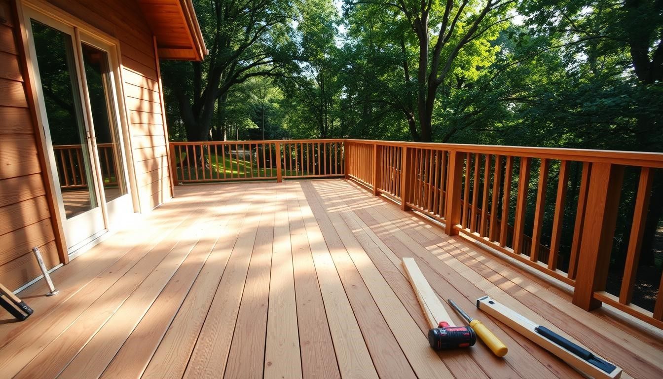 Wooden deck with railing beside a house, scattered tools, and a forest view in warm sunlight