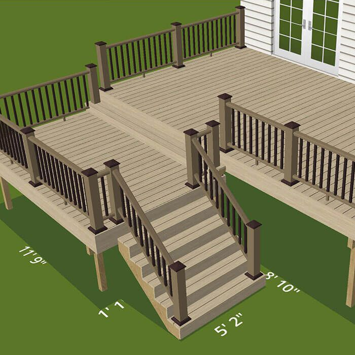 Wooden deck with stairs and railings attached to a house, shown with height dimensions labeled.