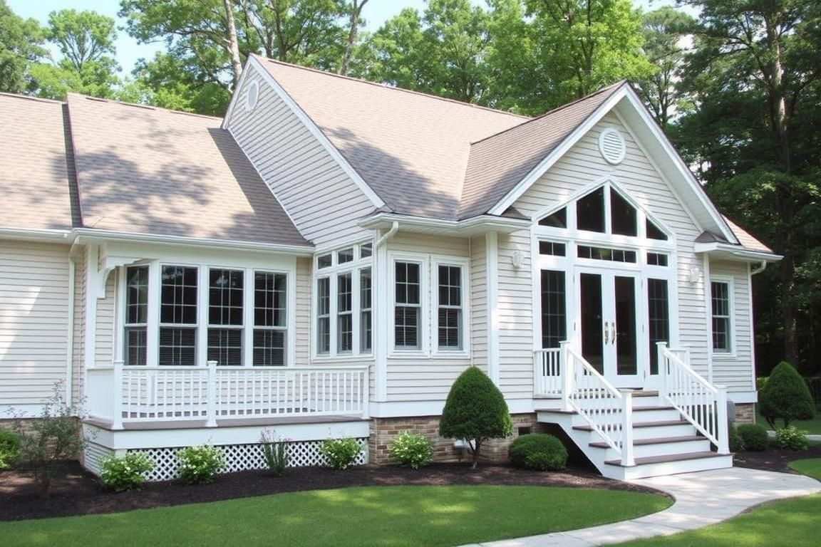 White house with a front porch, steep gables, and white stairs in a green yard