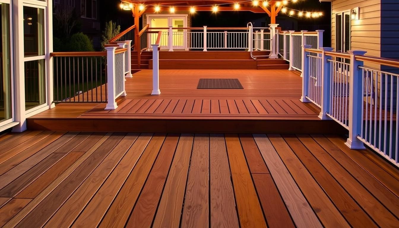 Warmly lit wooden deck walkway with white railings leading to a house at night