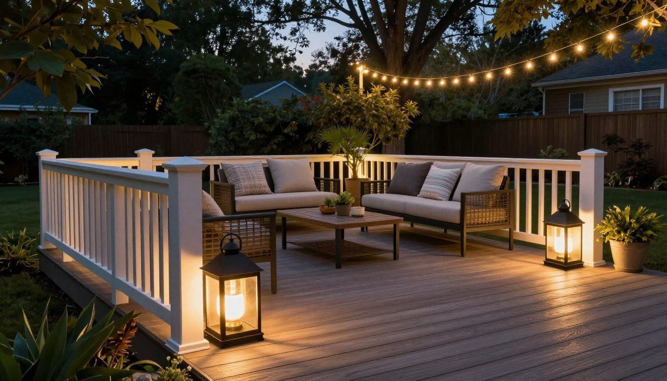Cozy backyard patio with white railing, cushioned seating, string lights, and lanterns at dusk