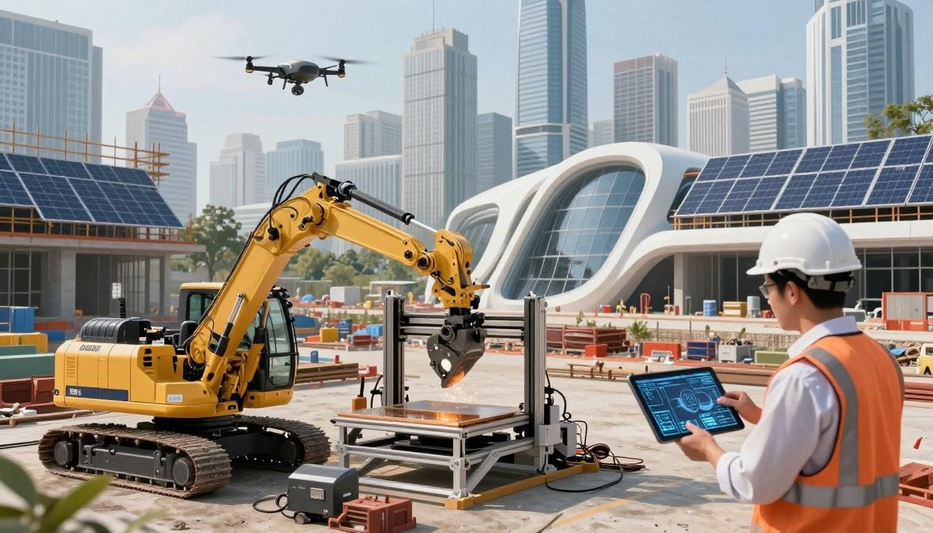 Solar-powered construction site with excavator, worker using tablet, and drone in front of modern buildings