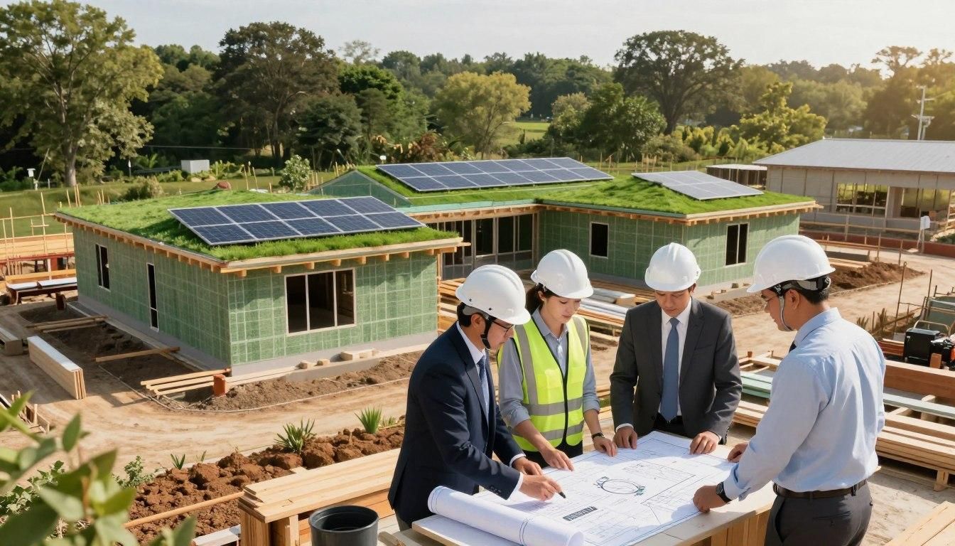 Engineers in hard hats review blueprints at a solar-panel construction site.