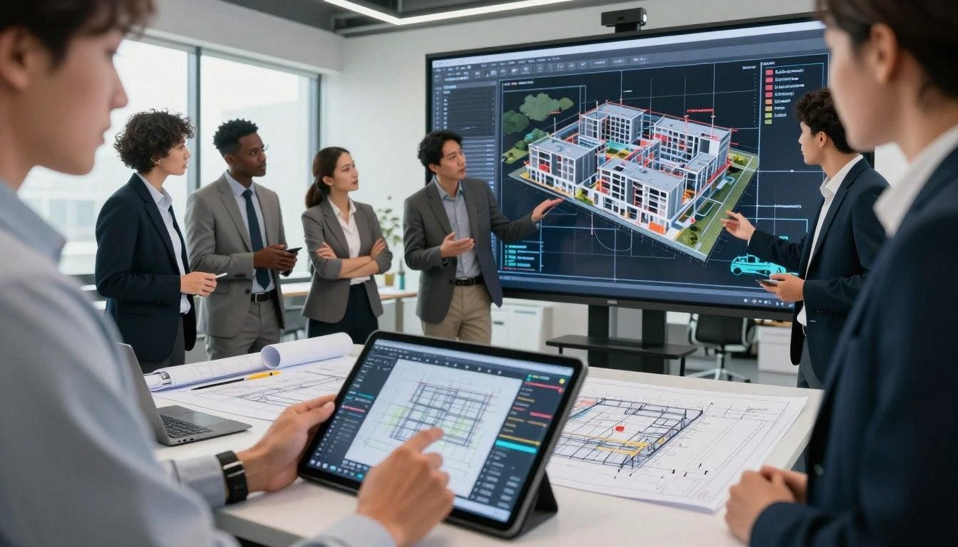 Team in a conference room reviewing architectural plans on tablets and a large display screen