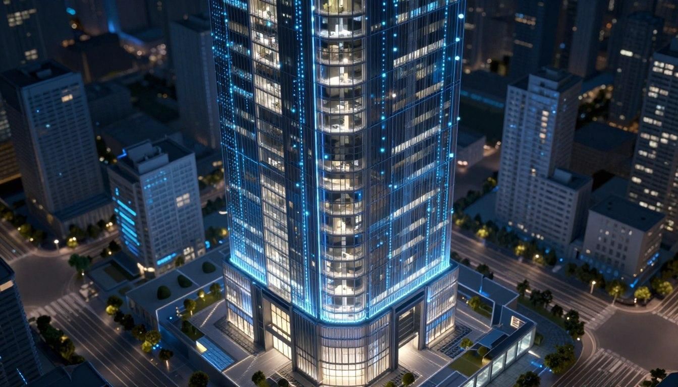 Aerial night view of a lit glass skyscraper surrounded by city buildings and streets