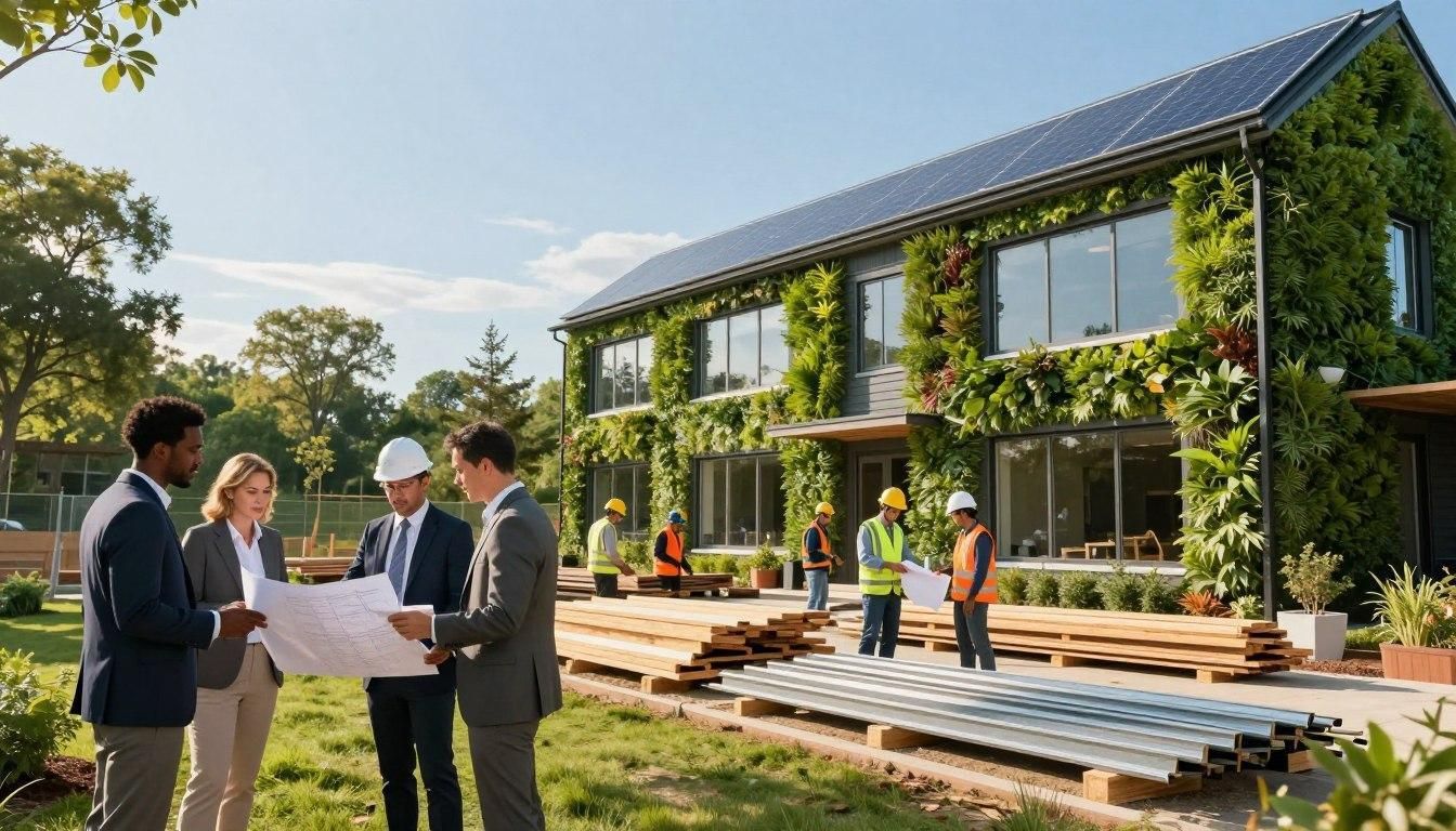 People reviewing blueprints outside a modern ivy-covered house under construction