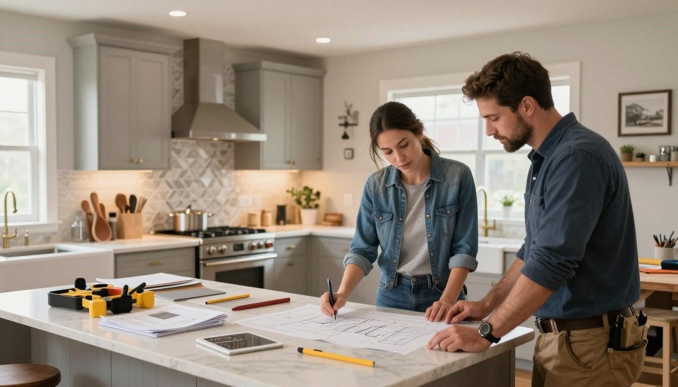 Two people planning a kitchen remodel at a white island countertop with tools and papers spread out