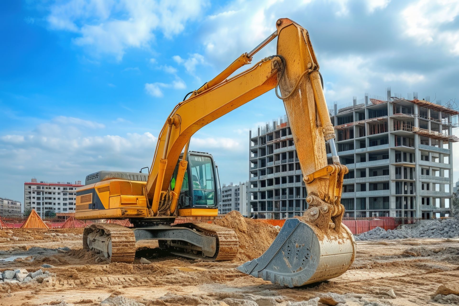 Yellow excavator at a muddy construction site with unfinished buildings in the background