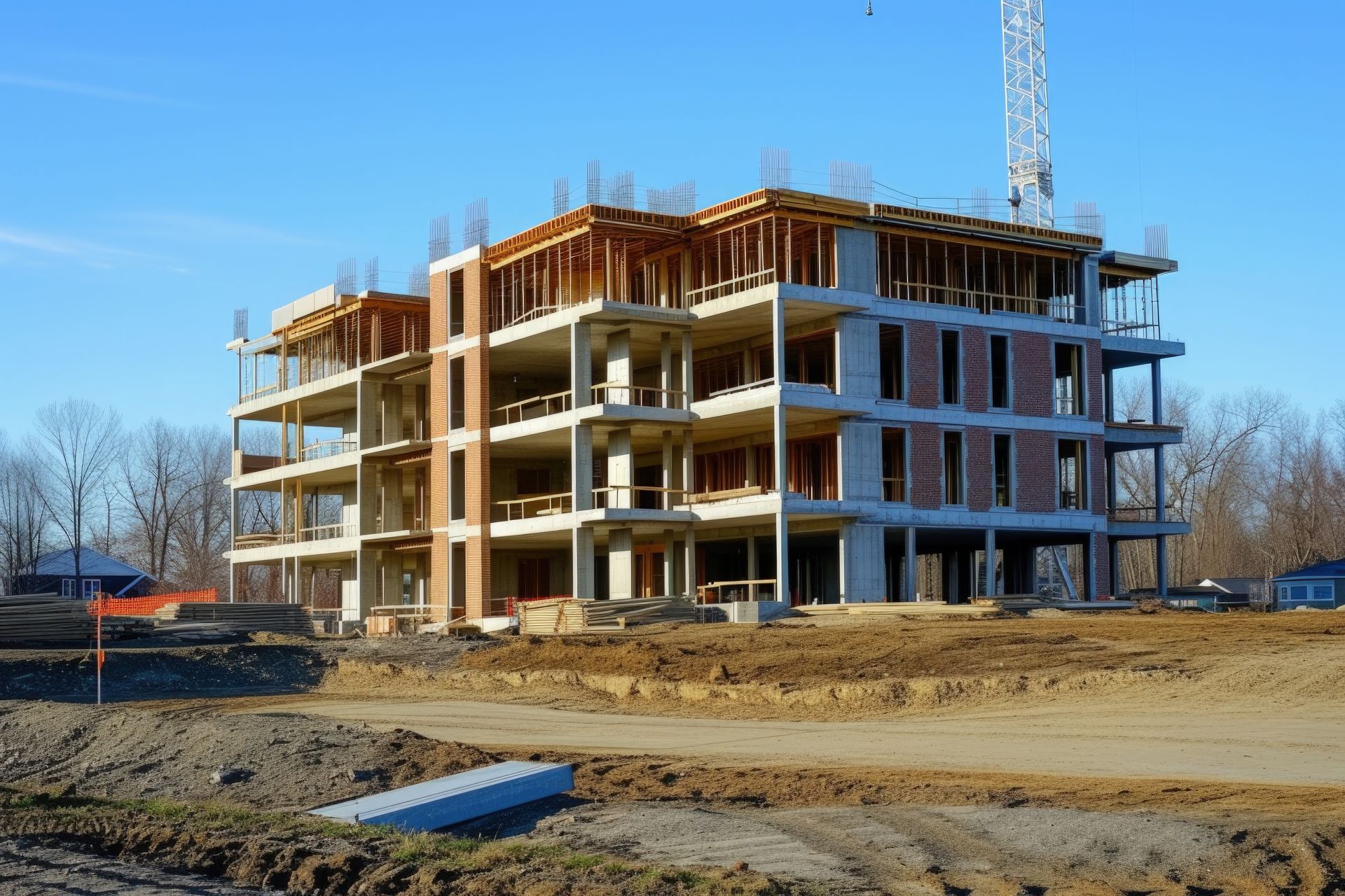 Partially built multi-story concrete building with scaffolding at a construction site under a clear blue sky