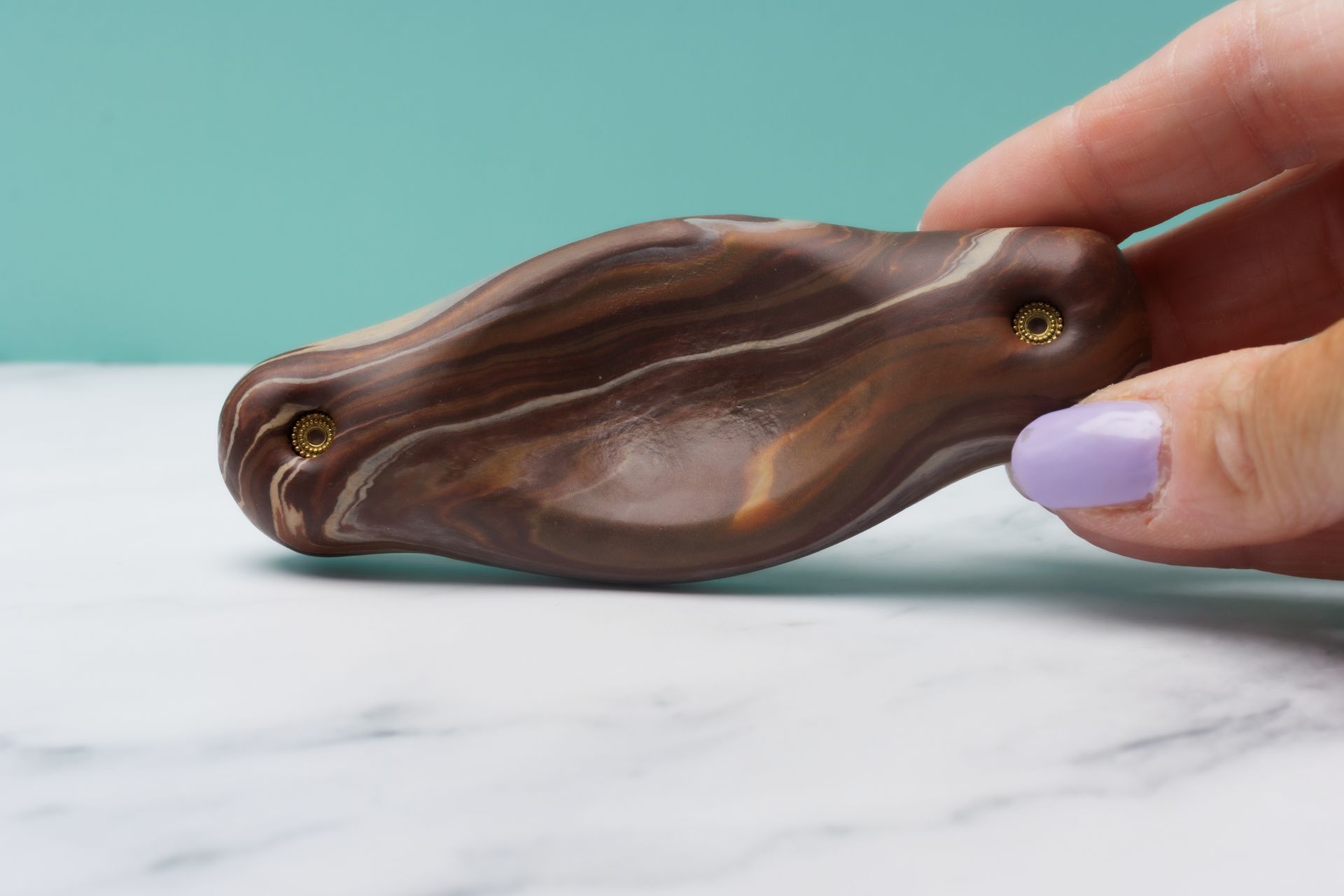 Hand die een bruin, iriserend, kevervormig object vasthoudt op een witte ondergrond tegen een turquoise achtergrond.