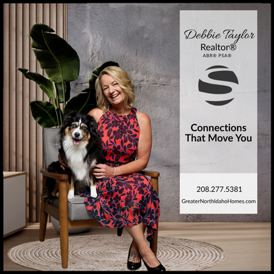 Debbie Taylor with her Miniature Aussiedoodle — North Idaho REALTOR® behind Taylor Connections That Move You Debbie Taylor, North Idaho REALTOR®, sitting with her Miniature Aussiedoodle. Represents Taylor Connections Real Estate with the tagline “Connections That Move You.”