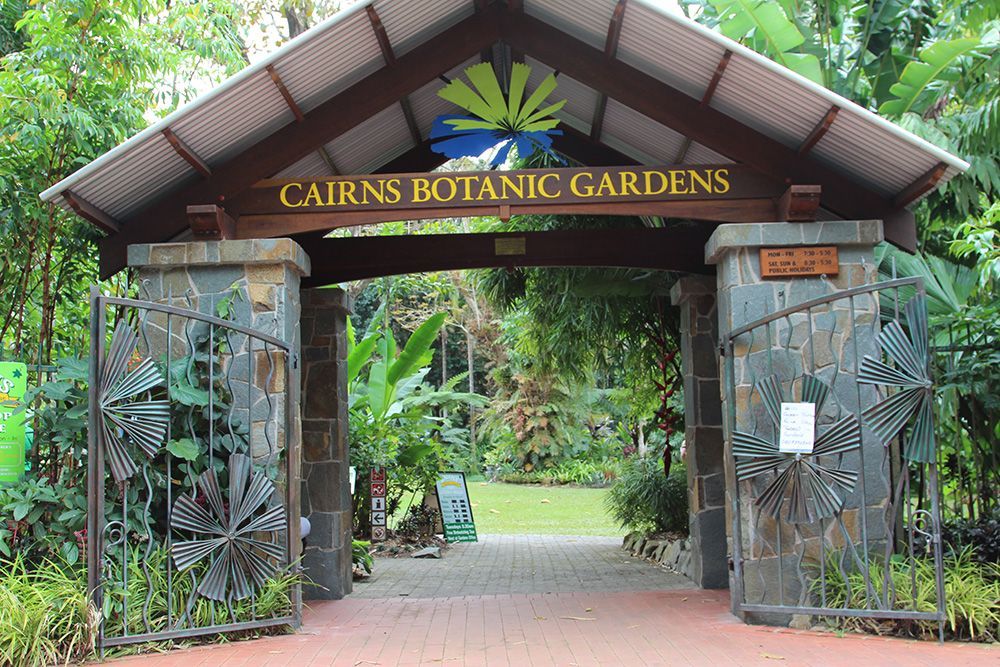 Entrance gate to Cairns Botanic Gardens, surrounded by lush greenery