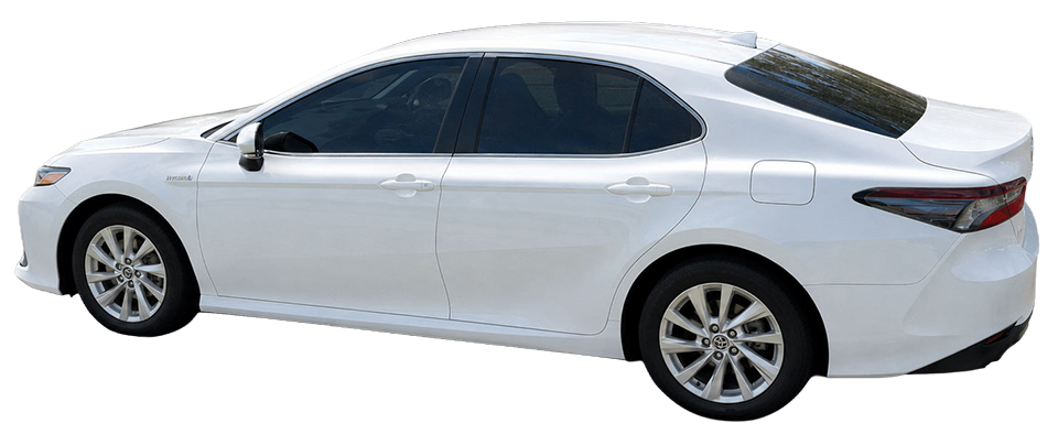 White sedan car in side view, isolated on a plain white background