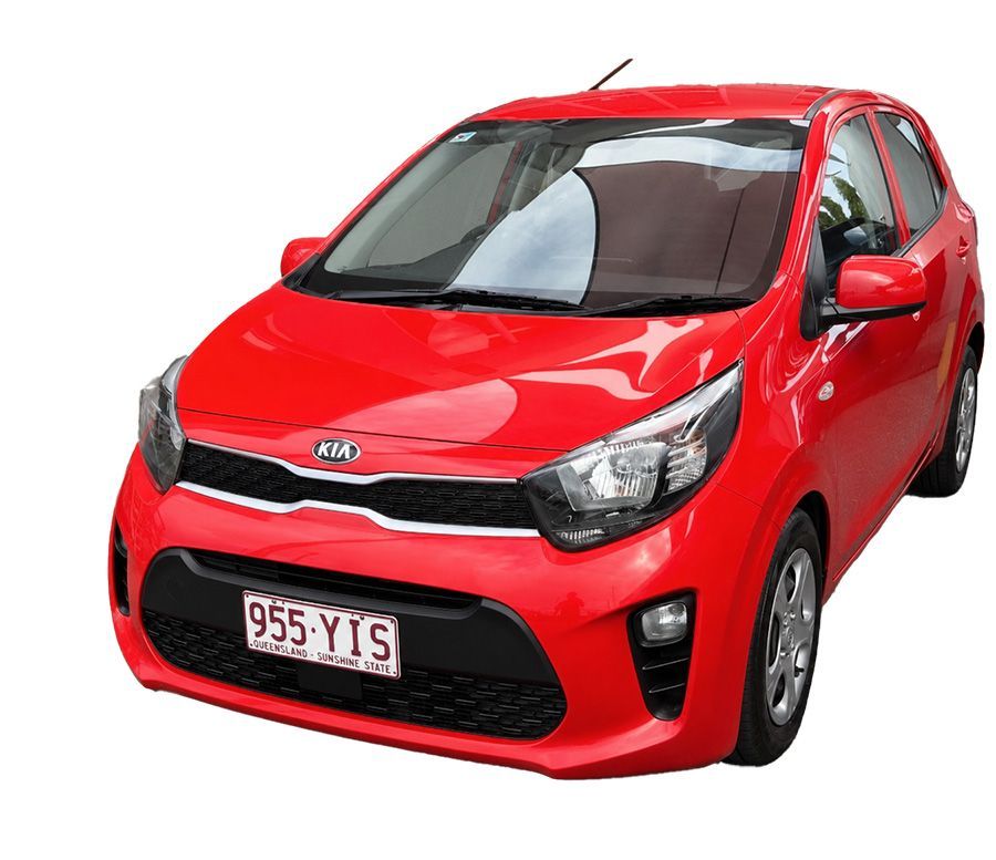 Red compact car on a white background, front three-quarter view.