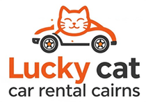 Orange cat logo on a car with “Lucky cat” and “car rental cairns” text