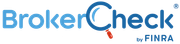 A blue and white logo for broker check by finra