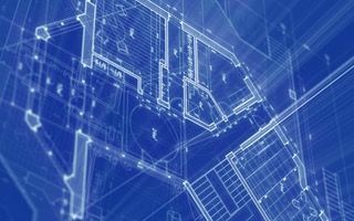 A blueprint of a building on a blue background
