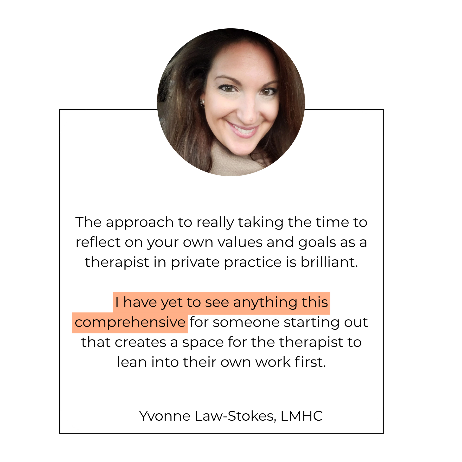 Portrait headshot above a quote card about self-reflection in therapy practice, with highlighted text.