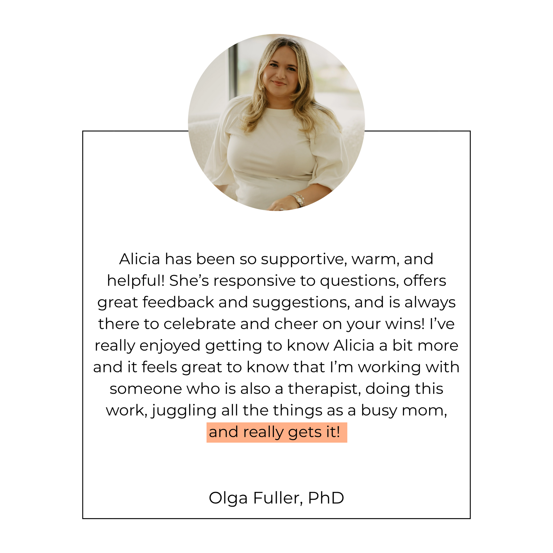 Client testimonial quote card with a portrait photo and text on white background