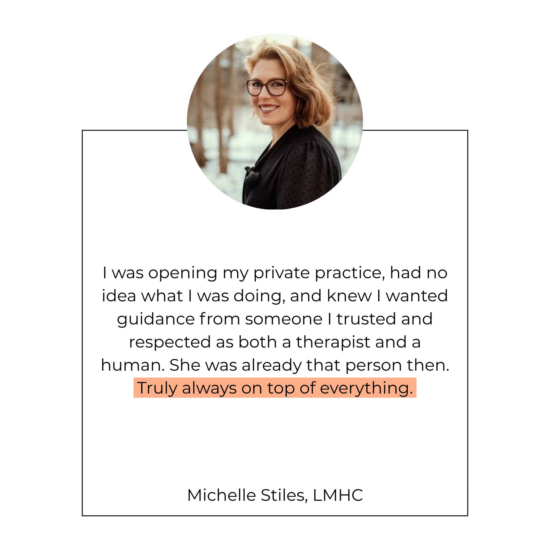 Quote card with a circular portrait of a smiling woman above centered text and orange-highlighted phrase.