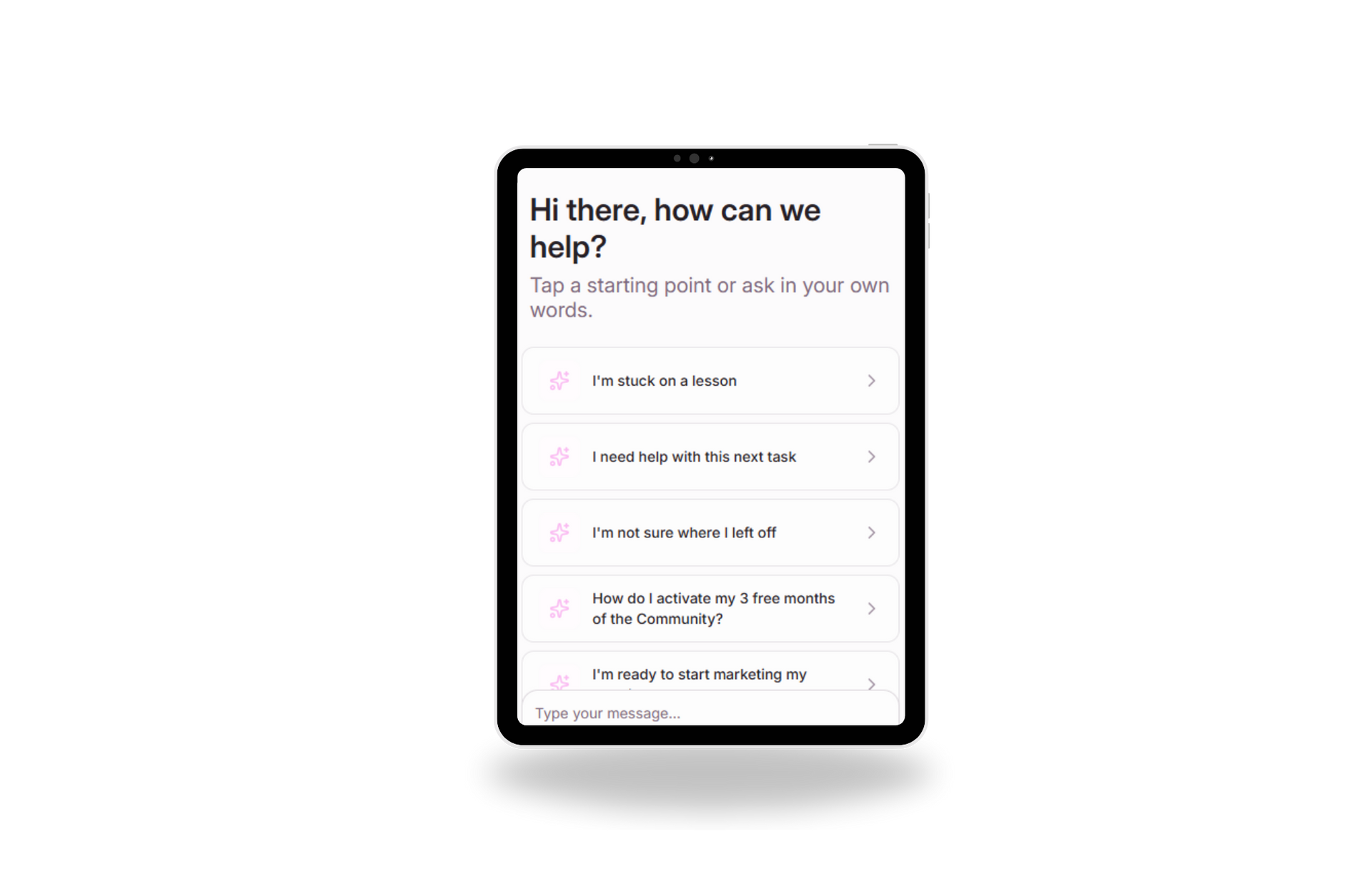 Tablet screen showing a help center menu with support topics on a white background