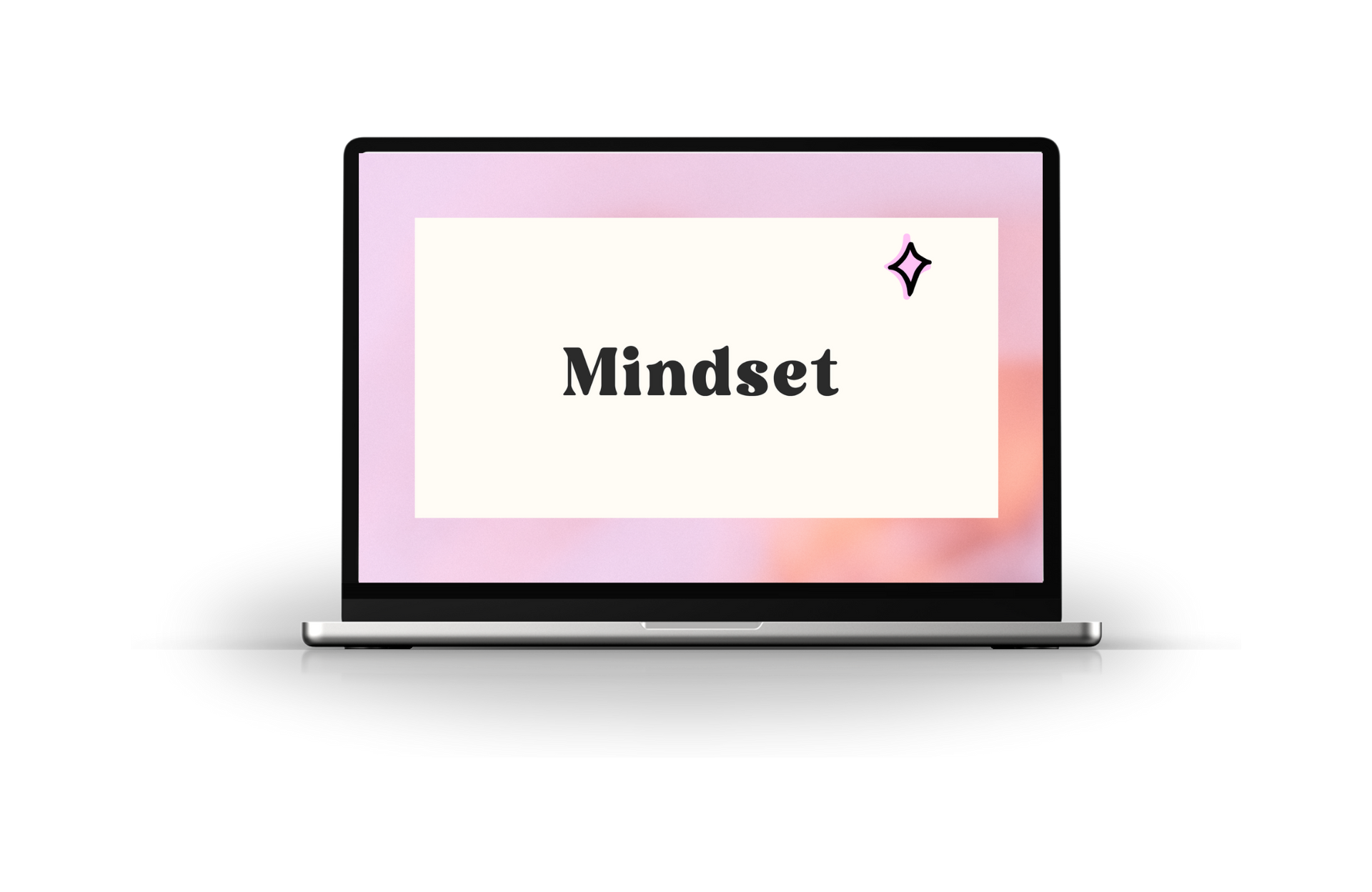 Laptop screen displaying the word “Mindset” on a pink gradient background