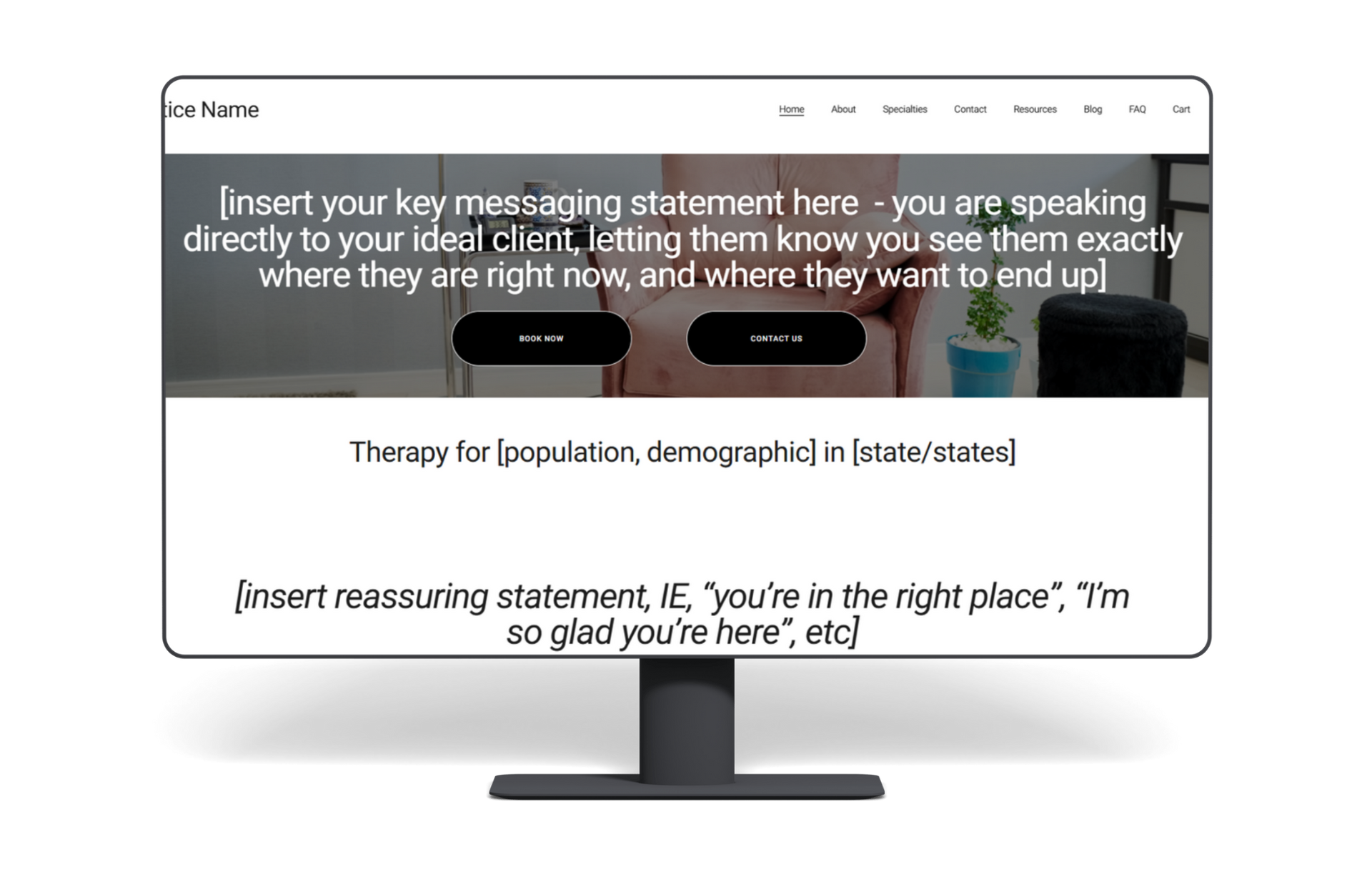 Website homepage displayed on a desktop monitor with a dark hero banner and centered text.