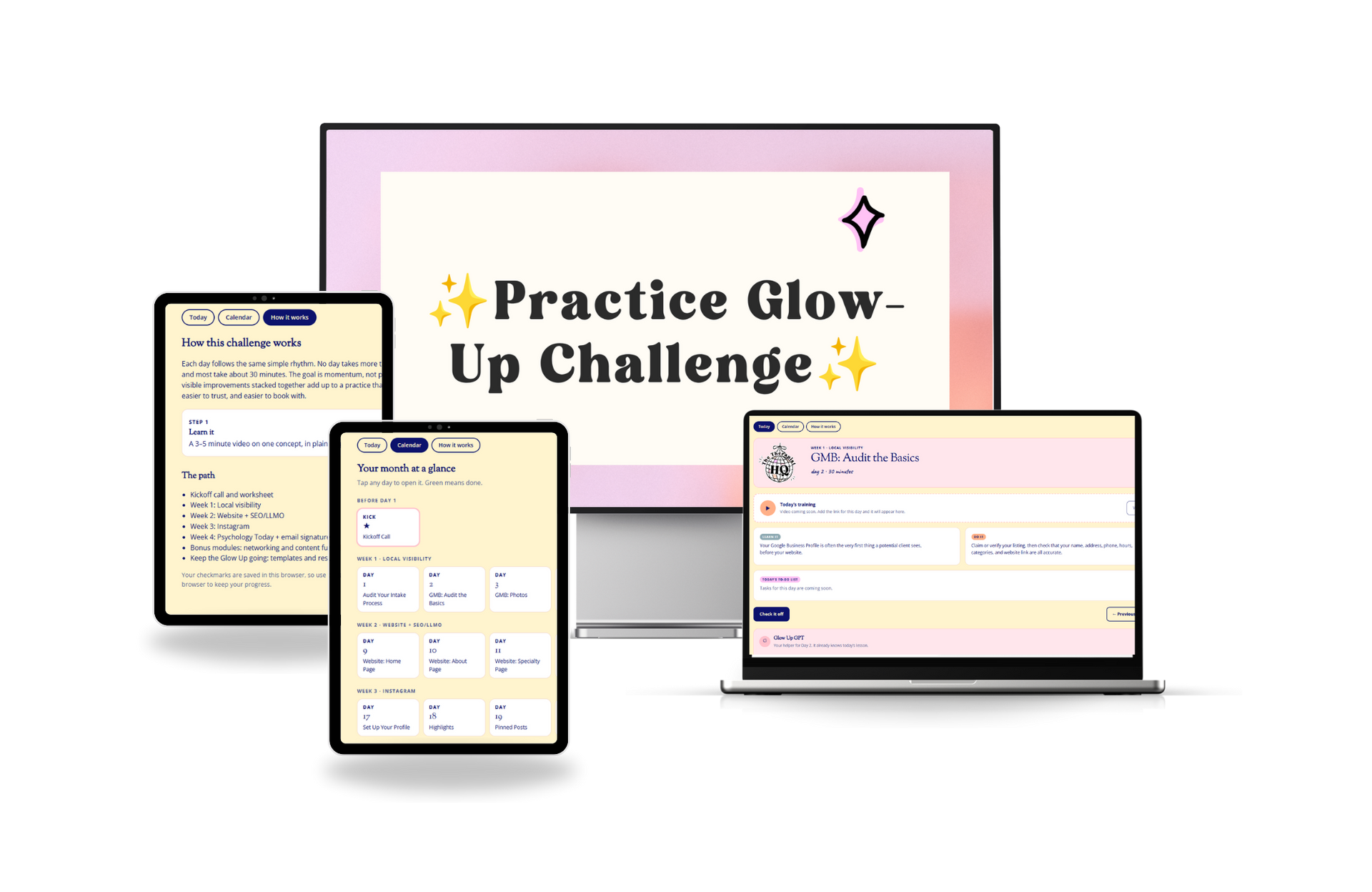 Launch Kit Course promo with pink-framed devices and product mockups on a white background